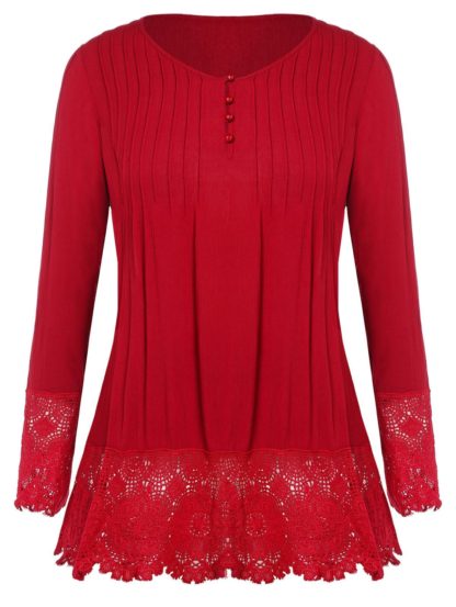 Button Detail Plus Size Lace Panel T-shirt