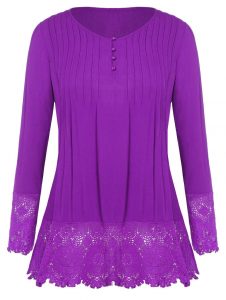 Button Detail Plus Size Lace Panel T-shirt - Purple