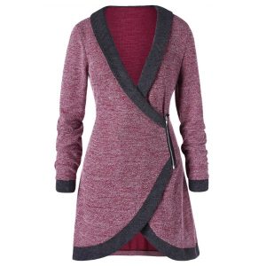 Plus Size Shawl Collar Contrast Trim Cardigan - Red Wine