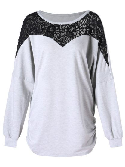 Plus Size Lace Insert Side Pleated Loose T-shirt