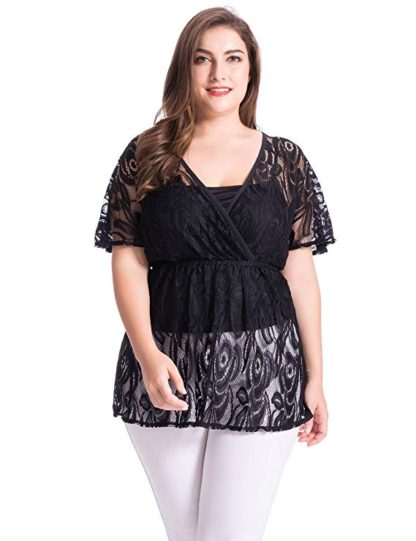 Women's Plus Size Floral Lace Top Blouse with Jersey Cami