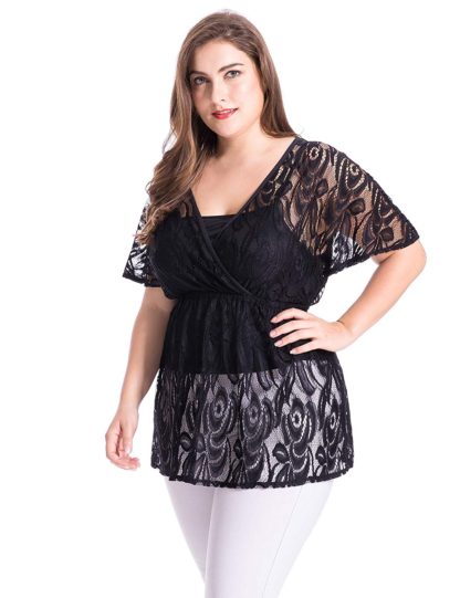 Women's Plus Size Floral Lace Top Blouse with Jersey Cami - Image 5