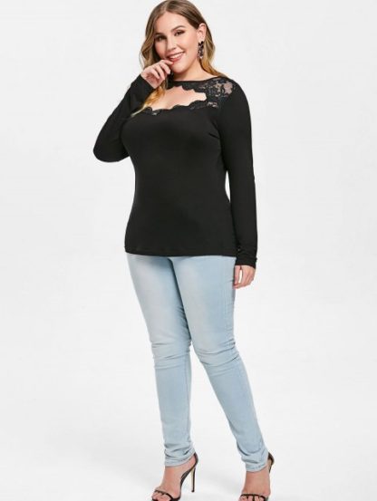 Plus Size Cut Out Lace Inserted Long Sleeve T-shirt - Black - Image 2
