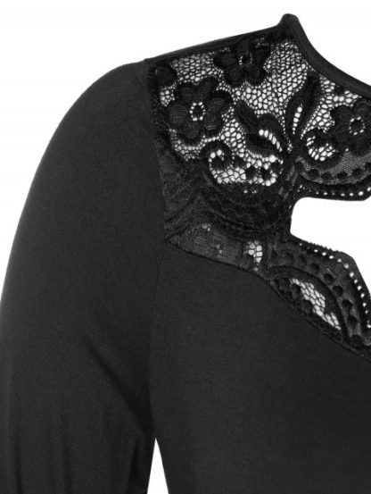 Plus Size Cut Out Lace Inserted Long Sleeve T-shirt - Black - Image 6