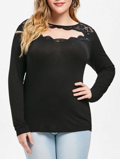 Plus Size Cut Out Lace Inserted Long Sleeve T-shirt - Black - Image 4