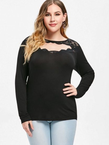 Plus Size Cut Out Lace Inserted Long Sleeve T-shirt - Black - Image 3