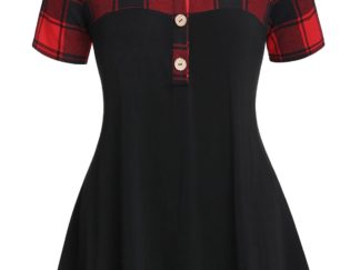 Plus Size Checked Panel Button T Shirt