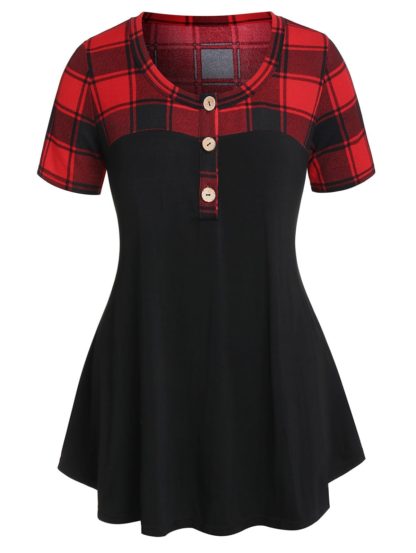 Plus Size Checked Panel Button T Shirt