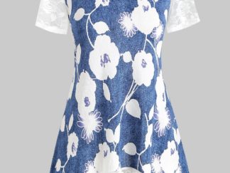 Plus Size Marled Lace Panel Floral Print T Shirt