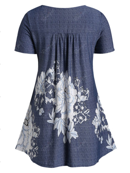 Plus Size Sweetheart Collar Floral Print Marled T Shirt  - Mist Blue - Image 2
