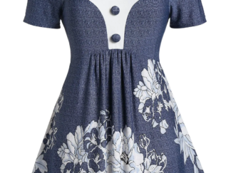 Plus Size Sweetheart Collar Floral Print Marled T Shirt  - Mist Blue