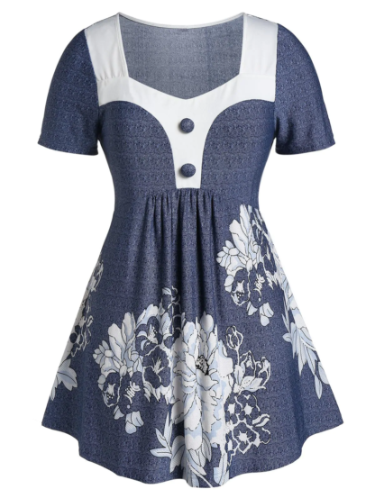Plus Size Sweetheart Collar Floral Print Marled T Shirt  - Mist Blue