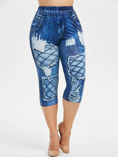 Plus Size 3D Destroyed Jean Print Capri Leggings - Blue Gray - Image 4