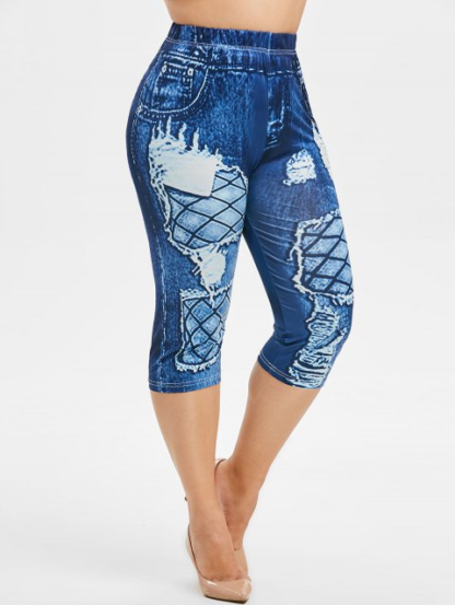 Plus Size 3D Destroyed Jean Print Capri Leggings - Blue Gray - Image 5
