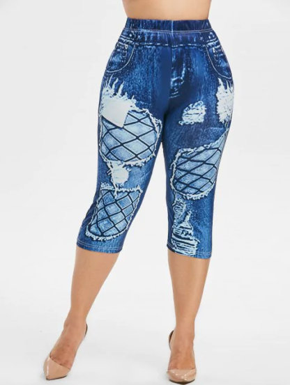 Plus Size 3D Destroyed Jean Print Capri Leggings - Blue Gray - Image 3