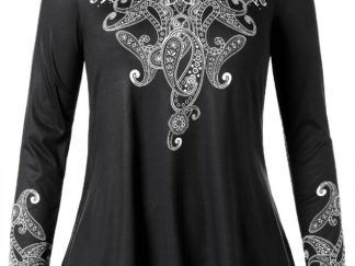Long Sleeve Plus Size Ethnic Print T-shirt - Black
