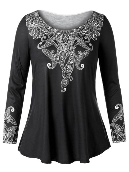 Long Sleeve Plus Size Ethnic Print T-shirt - Black