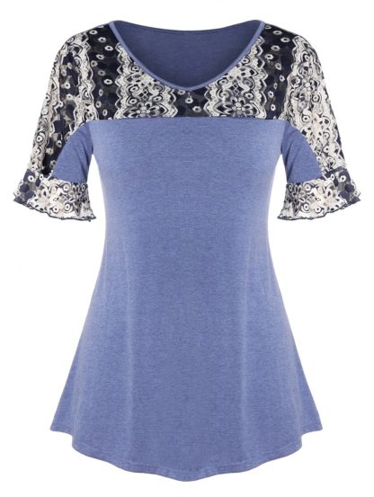V Neck Printed Plus Size T-shirt - Light Slate Blue