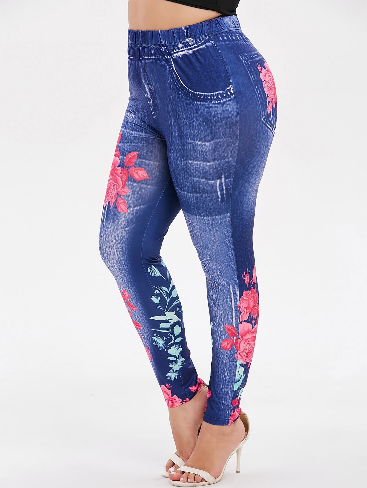 High Waisted Floral Plus Size Leggings - Blue - Big and Sexy Sportswear