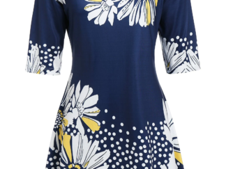 Plus Size Asymmetric Floral Print T Shirt - Cadet Blue