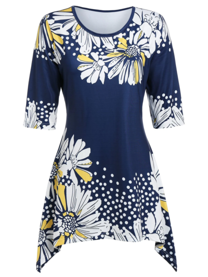 Plus Size Asymmetric Floral Print T Shirt - Cadet Blue