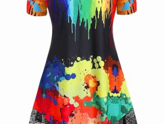 Plus Size Lace Trim Splatter Paint T-shirt - Black-Multicolor
