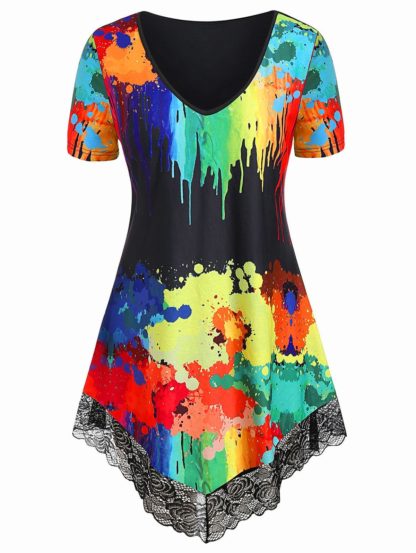 Plus Size Lace Trim Splatter Paint T-shirt - Black-Multicolor