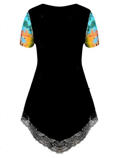 Plus Size Lace Trim Splatter Paint T-shirt - Black-Multicolor - Image 2
