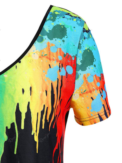 Plus Size Lace Trim Splatter Paint T-shirt - Black-Multicolor - Image 3