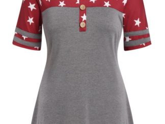 Plus Size Star Print Button T Shirt - Gray/Red