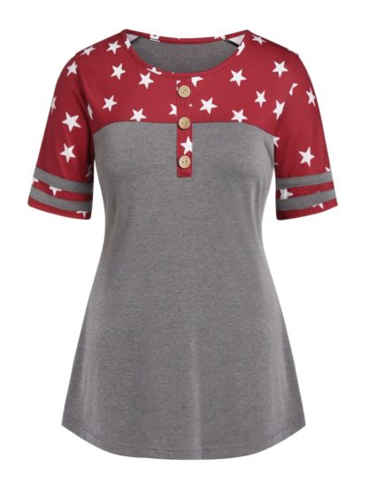 Plus Size Star Print Button T Shirt - Gray/Red