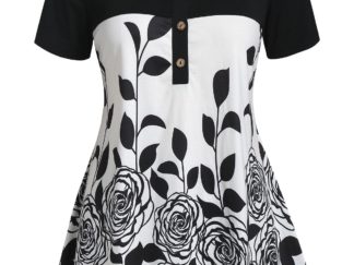 Plus Size Flower Print Contrast Henley T-shirt - Black