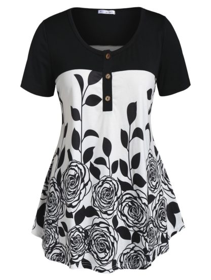 Plus Size Flower Print Contrast Henley T-shirt - Black