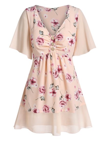 Plus Size Ruched Floral Empire Waist Blouse - Deep Peach