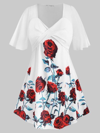 Skirted Twist Floral Plus Size Blouse - White