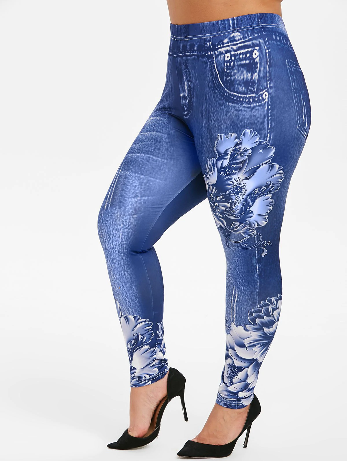 Plus Size 3D Floral Jean Print Jeggings - Blueberry Blue - Big and Sexy ...