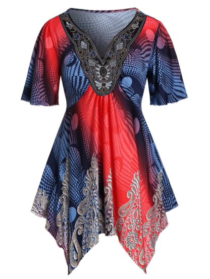 Plus Size Handkerchief Ethnic Print Ombre T-shirt