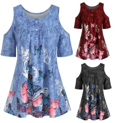 Plus Size Fashion Women Butterfly Printed O-Neck Short Sleeve T-Shirt Tops