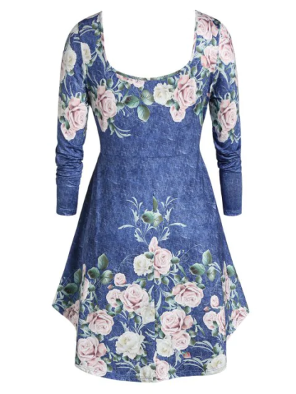 Plus Size Floral Print Tunic T-shirt - Slate Blue - Image 4