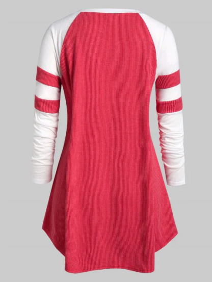 Plus Size Raglan Sleeve Two Tone Applique T Shirt - Rose Red - Image 3