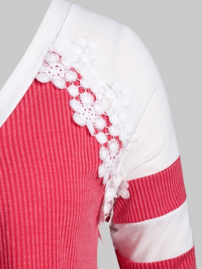 Plus Size Raglan Sleeve Two Tone Applique T Shirt - Rose Red - Image 2