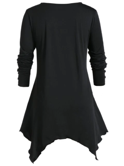 Plus Size Asymmetrical Ditsy Print Round Collar T Shirt - Black - Image 4
