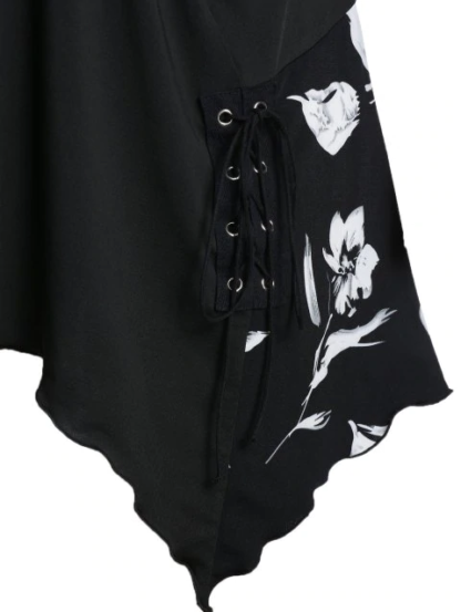 Plus Size Asymmetrical Ditsy Print Round Collar T Shirt - Black - Image 2