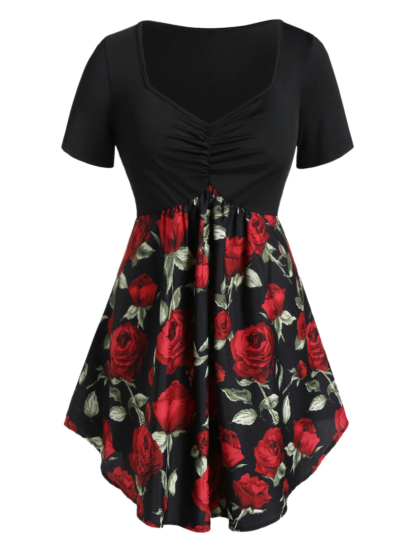 Plus Size Sweetheart Collar Rose Print Tunic T Shirt