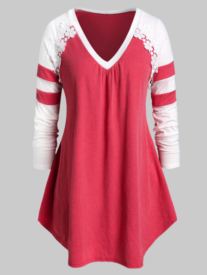 Plus Size Raglan Sleeve Two Tone Applique T Shirt - Rose Red