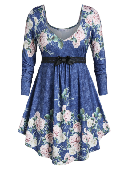 Plus Size Floral Print Tunic T-shirt - Slate Blue