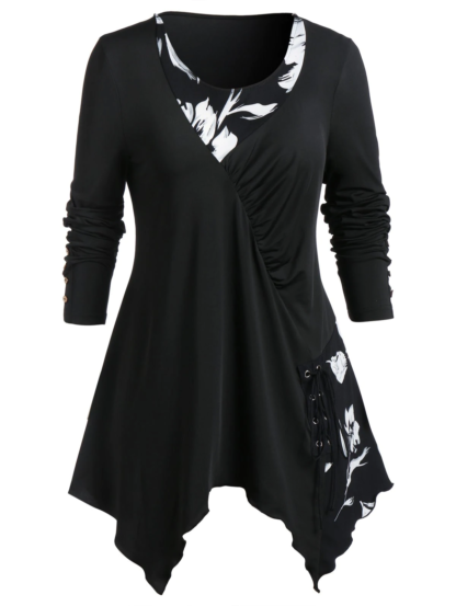 Plus Size Asymmetrical Ditsy Print Round Collar T Shirt - Black