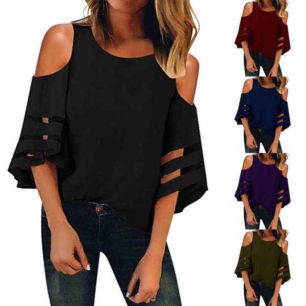 Plus Size Chiffon Tops Loose Half Sleeve Dew Shoulder Blouse - Big and ...