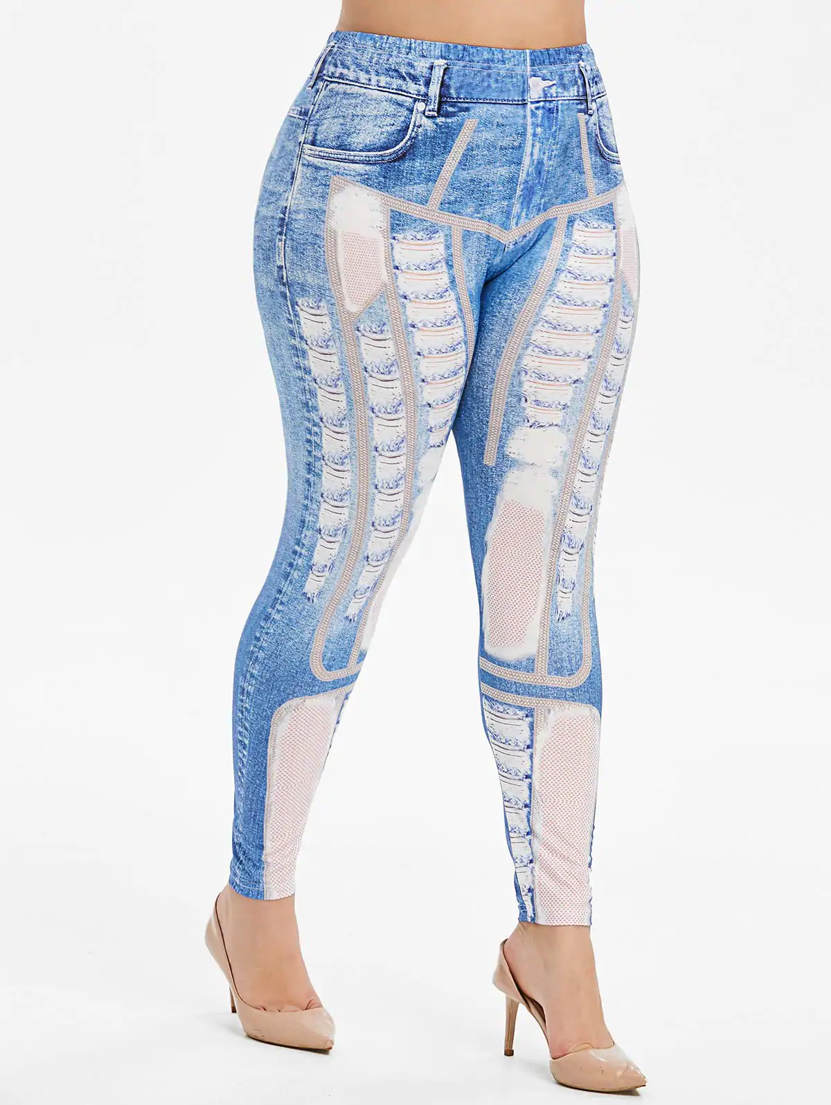 Plus Size Ripped 3D Print Faux Denim Leggings - Dark Denim Blue - Big ...