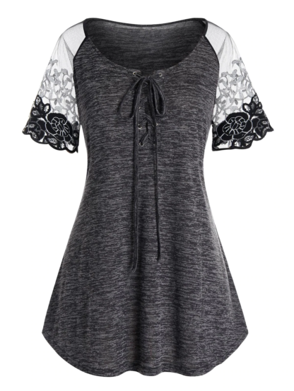 Plus Size Lace Panel Lace-Up T Shirt